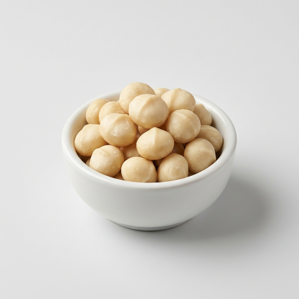 Macadamia nuts on a white ceramic bowl