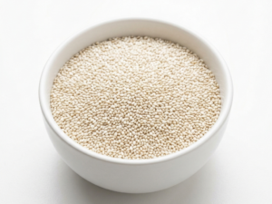 white chia seeds on a white ceramic bowl