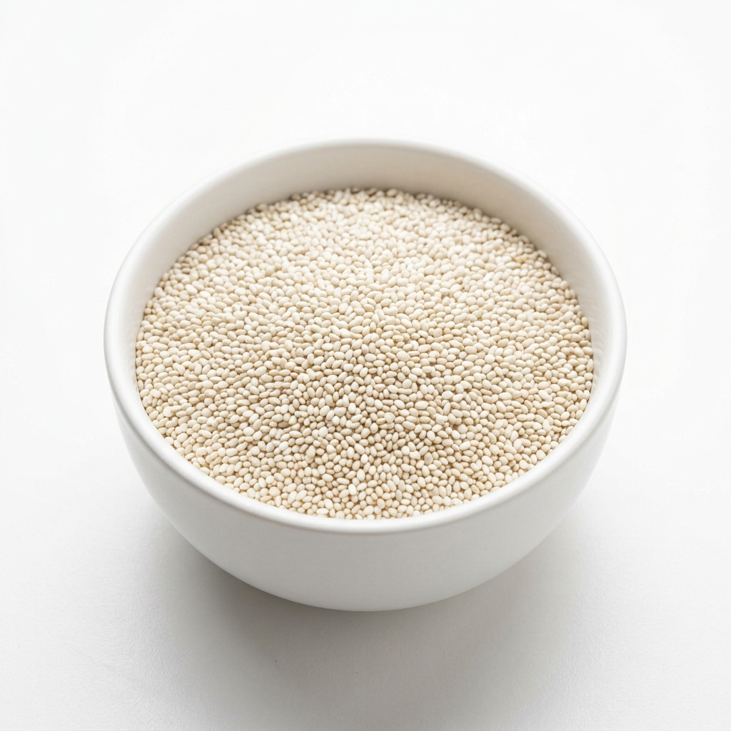 white chia seeds on a white ceramic bowl